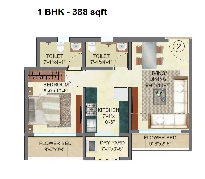 Raj Akshay Unit plan - 388 sq.ft.