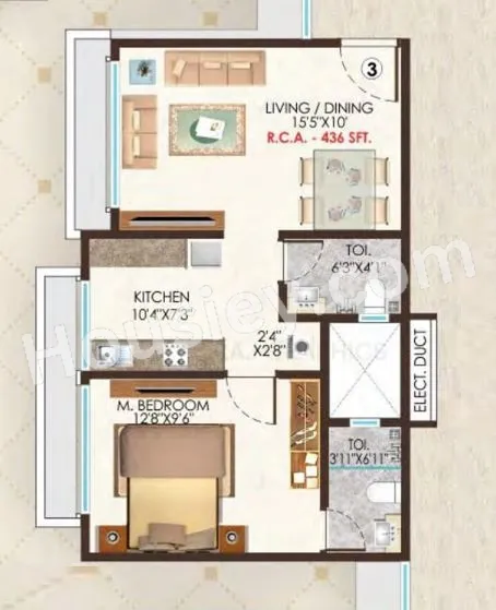 Raj One Unit plan - 436 sq.ft.