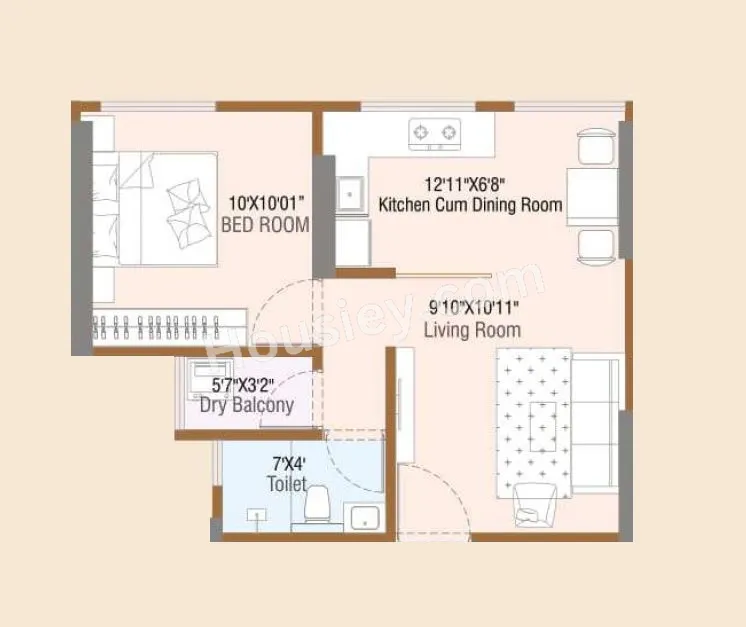 Raviraj One Residency Unit plan - 381 sq.ft.