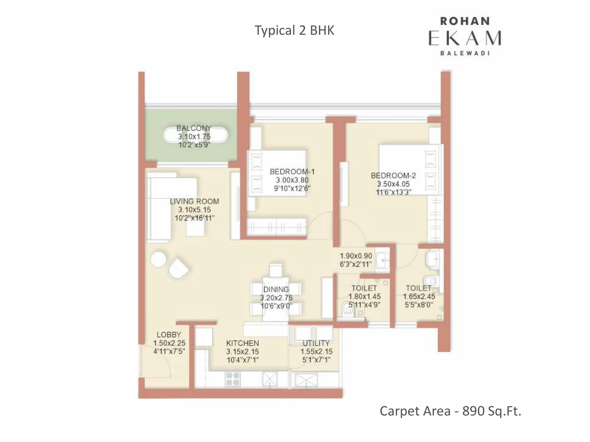 Rohan EKAM Unit plan - 890 sq.ft.