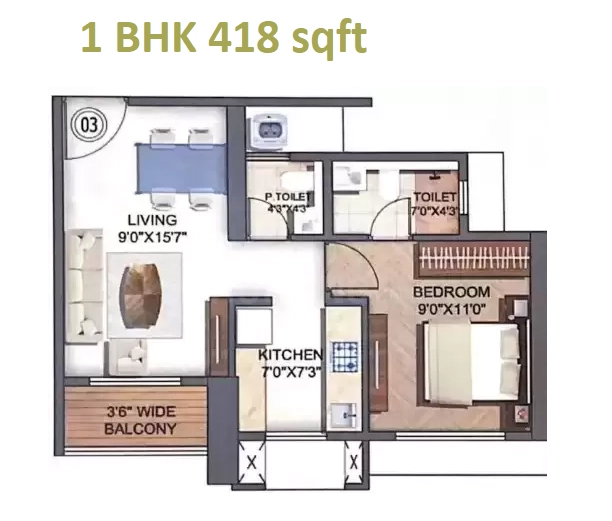 Runwal Enchanted Unit plan - 418 sq.ft.