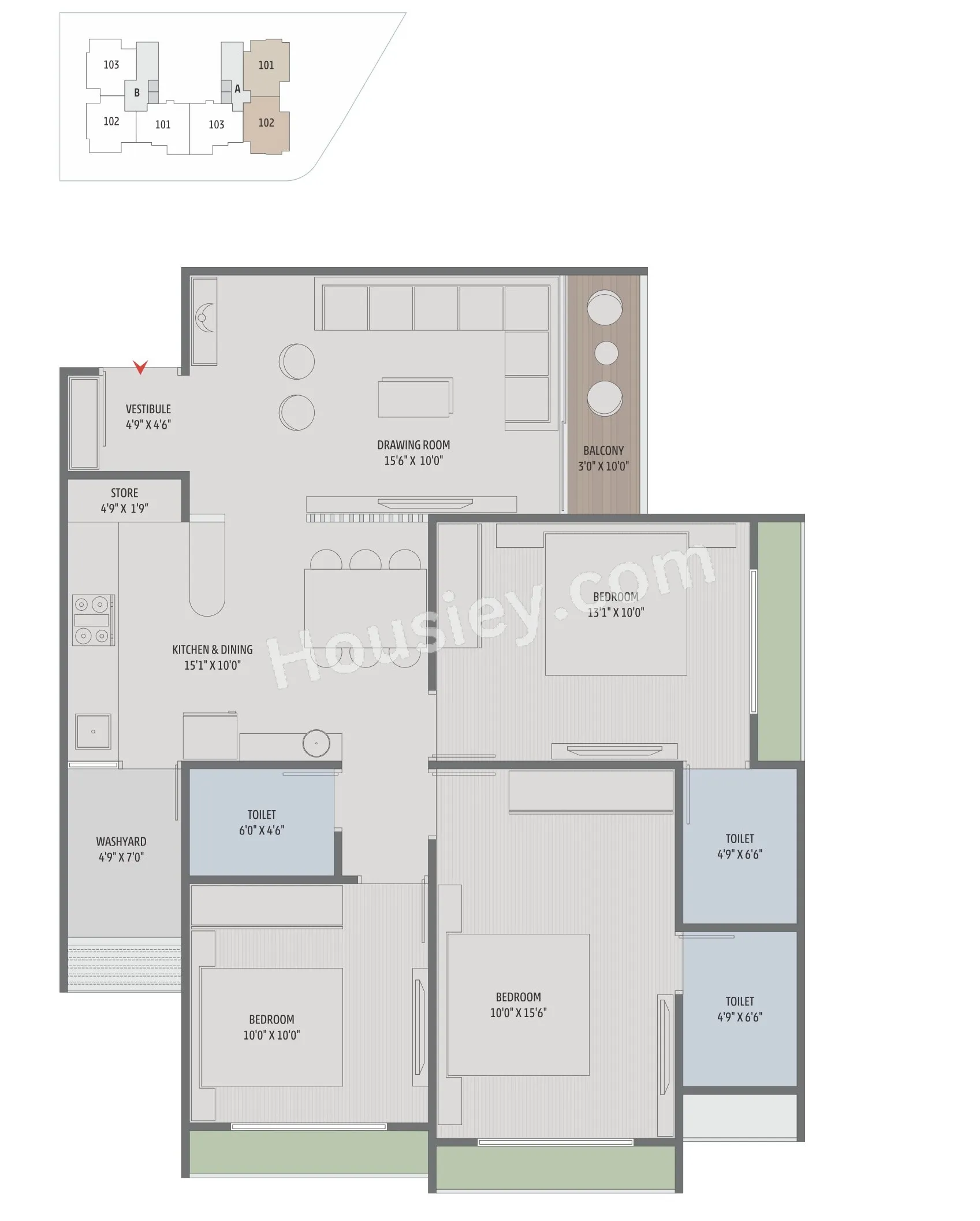 Sharda The Ripples Unit plan - 968 sq.ft.