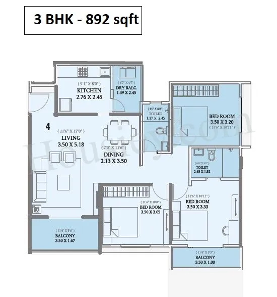 Shubh Gateway Unit plan - 892 sq.ft.