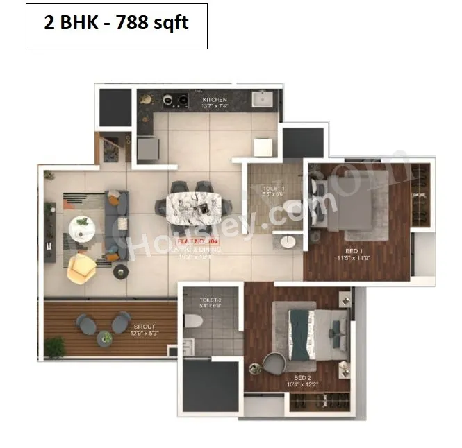 Shubhankar Durvaa Unit plan - 788 sq.ft.