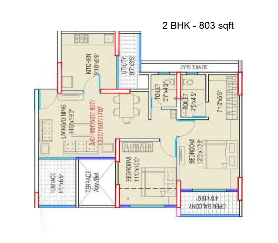 Rohan Silver Gracia Unit plan - 803 sq.ft.