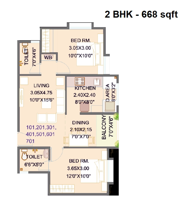 Silver Orchid Unit plan - 668 sq.ft.