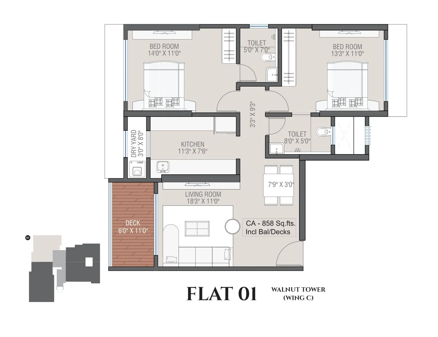 Smgk Woods Platina Walnut Unit plan - 858 sq.ft.