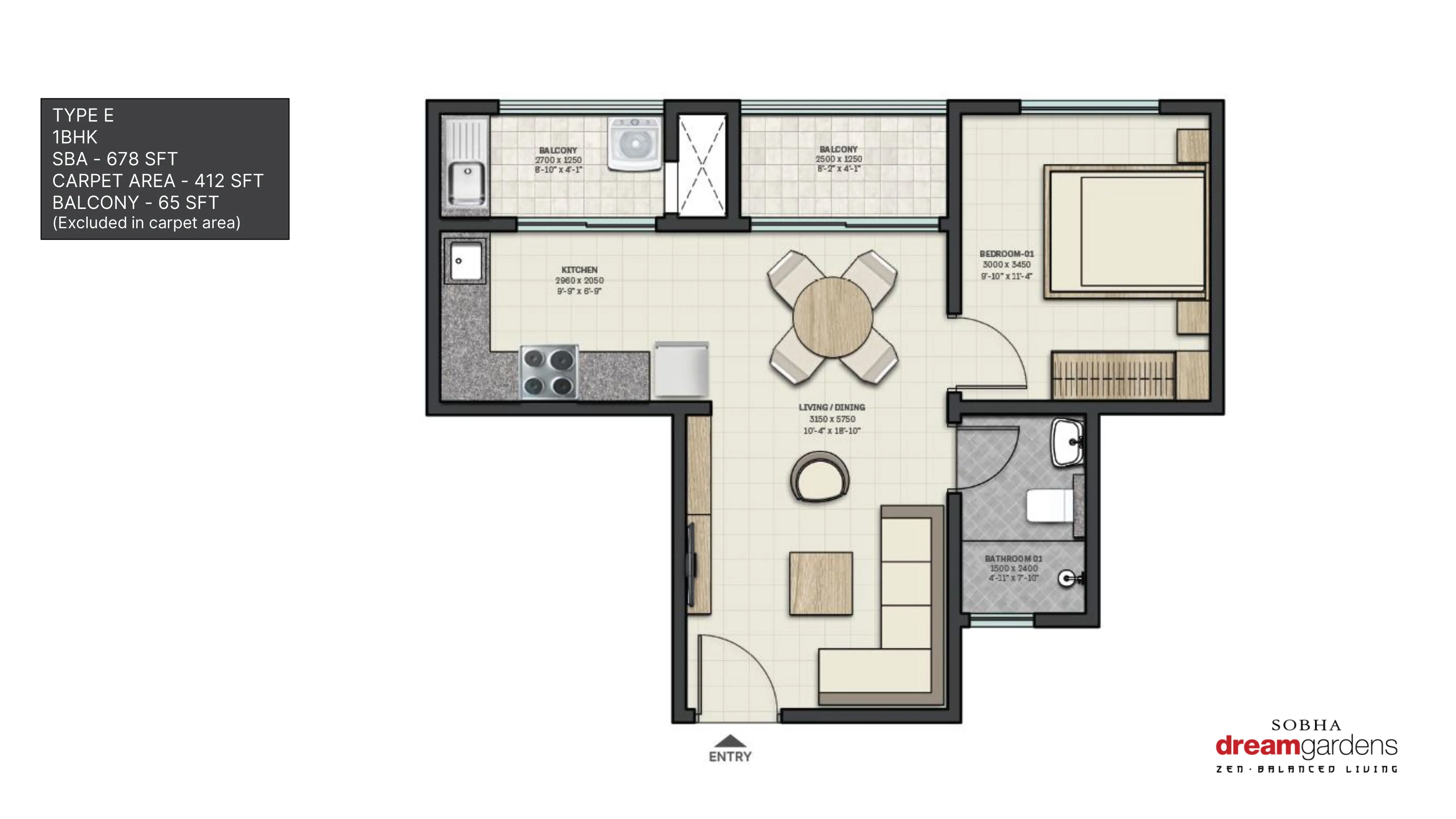 Sobha Dream Gardens Unit plan - 406 sq.ft.