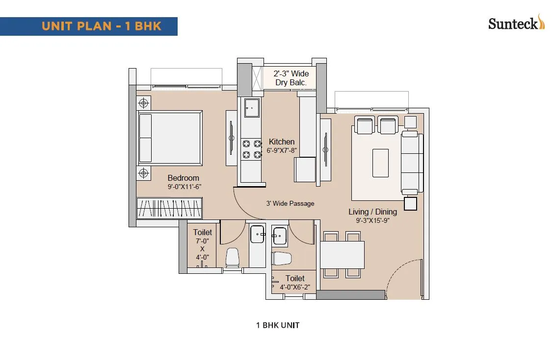 Sunteck One World Phase 3 Unit plan - 407 sq.ft.