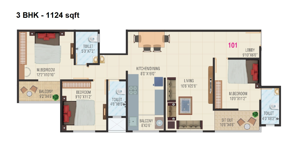 Swaraj Paradise Unit plan - 1124 sq.ft.