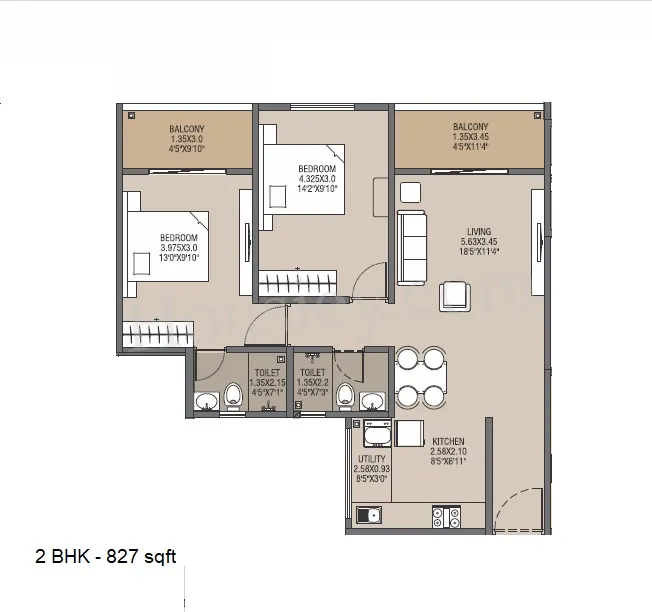 Akanksha The Camelia Unit plan - 827 sq.ft.