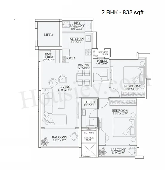 Tulip Codename Desire Unit plan - 832 sq.ft.