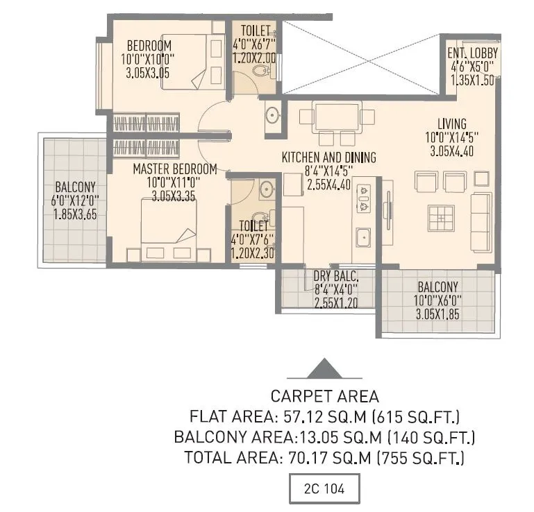 Urban SkyLine Phase-I Unit plan - 755 sq.ft.
