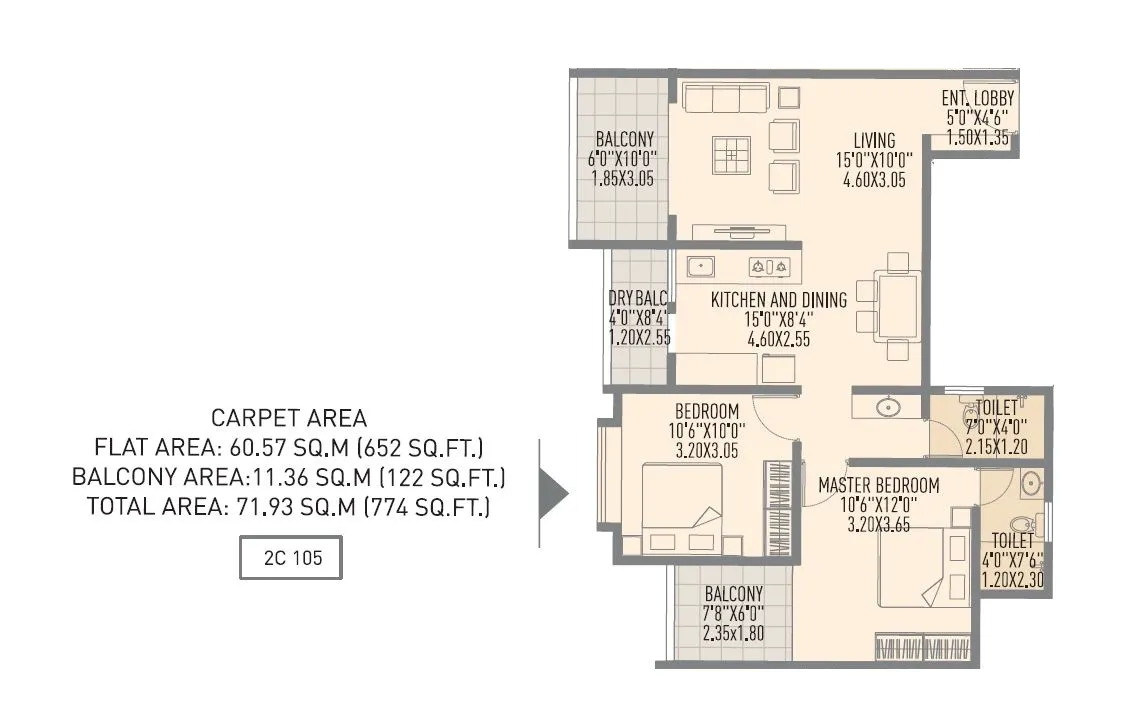 Urban SkyLine Phase-I Unit plan - 774 sq.ft.