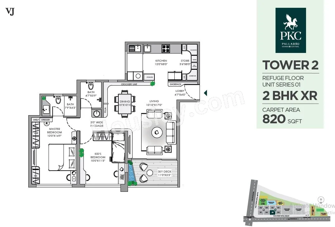 VJ Palladio Kharadi Central Unit plan - 825 sq.ft.