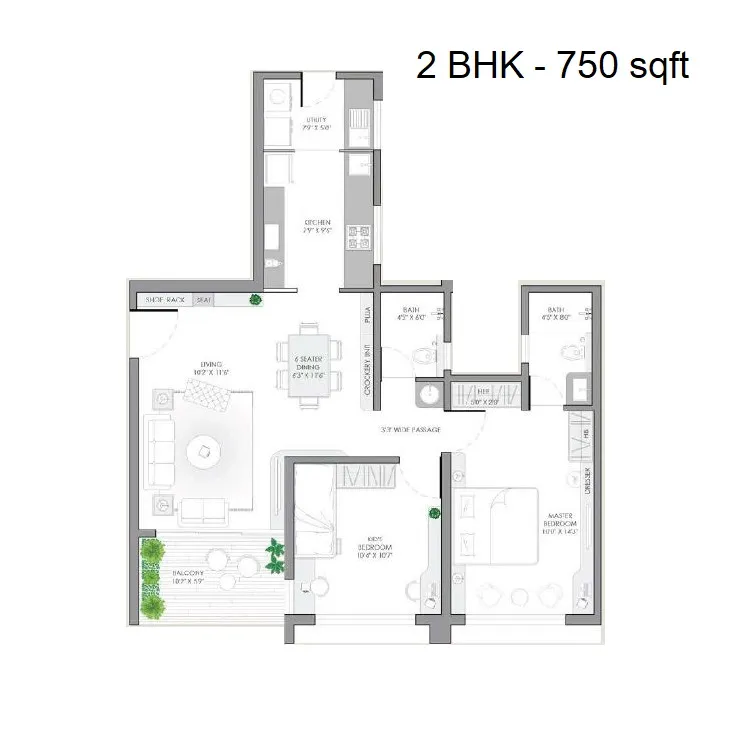 VJ Wakad Downtown Unit plan - 750 sq.ft.