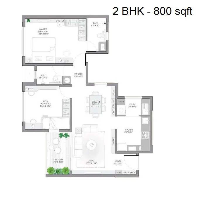 VJ Wakad Downtown Unit plan - 800 sq.ft.