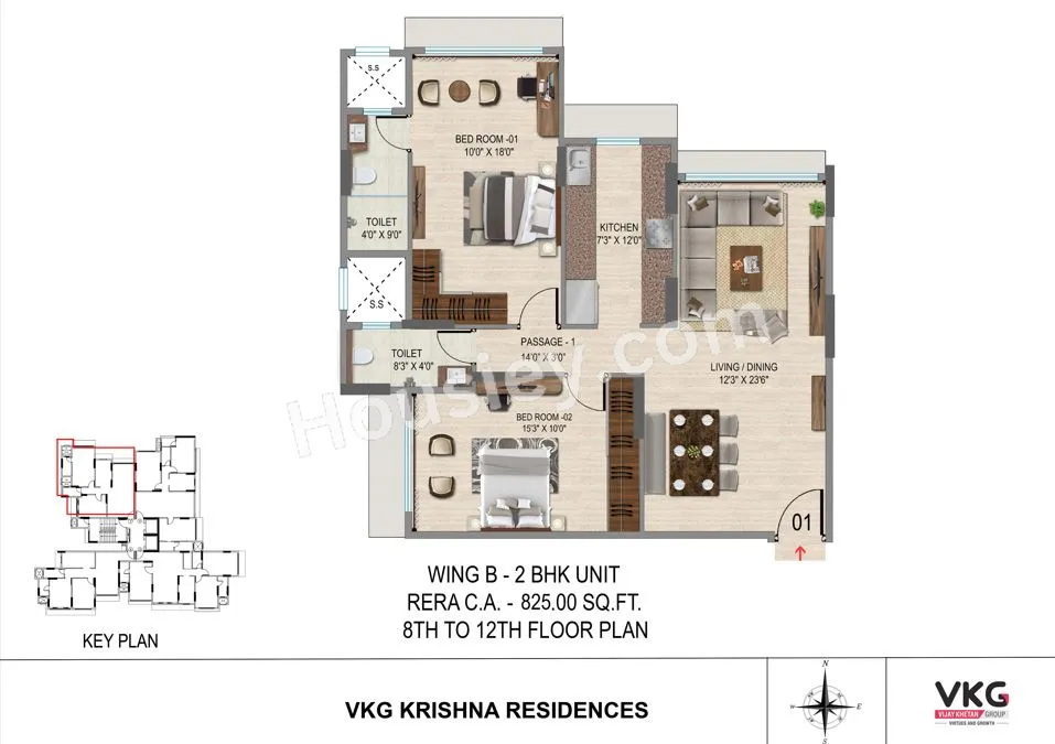 VKG Krishna Residences Unit plan - 825 sq.ft.