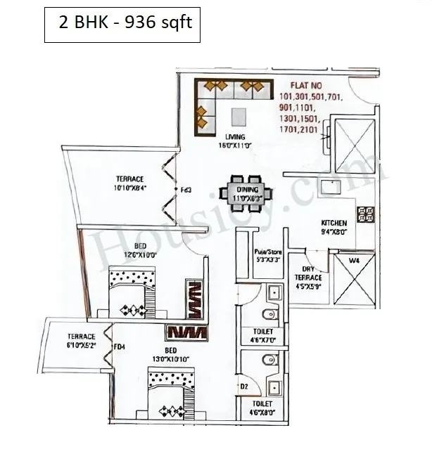 Twinstar Vaastu Imperial Unit plan - 936 sq.ft.