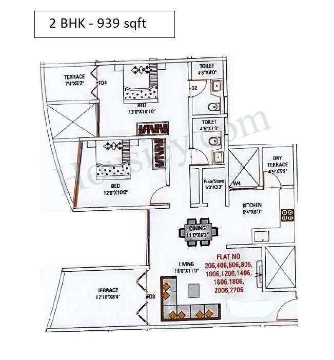 Twinstar Vaastu Imperial Unit plan - 939 sq.ft.
