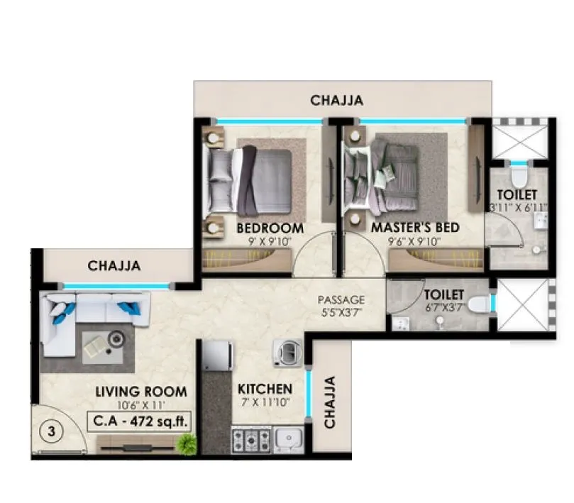 Vasundhara Paradise Unit plan - 472 sq.ft.