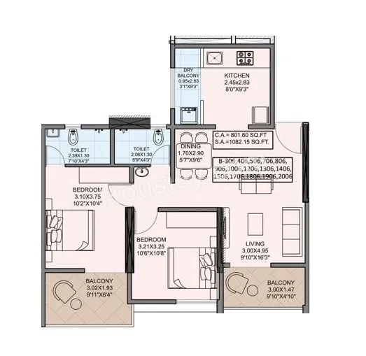 Vellkin Basil Flora Unit plan - 802 sq.ft.