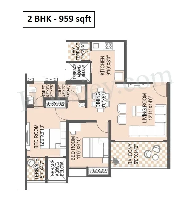 Yashada Vantage Twenty One Unit plan - 959 sq.ft.