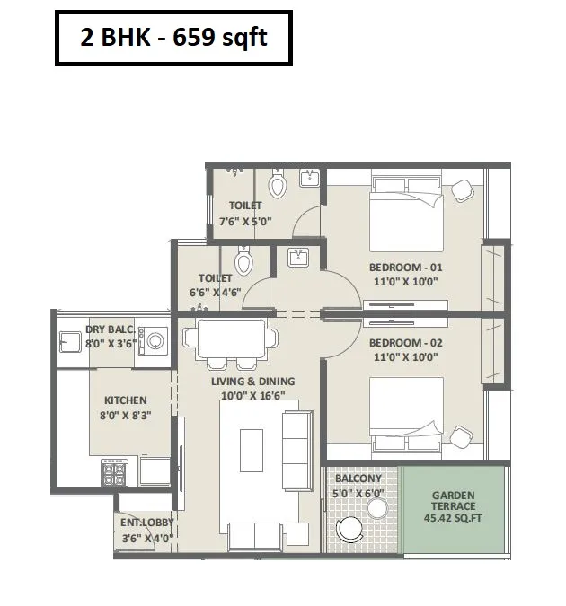 Pristine iLife Mundhwa Unit plan - 659 sq.ft.