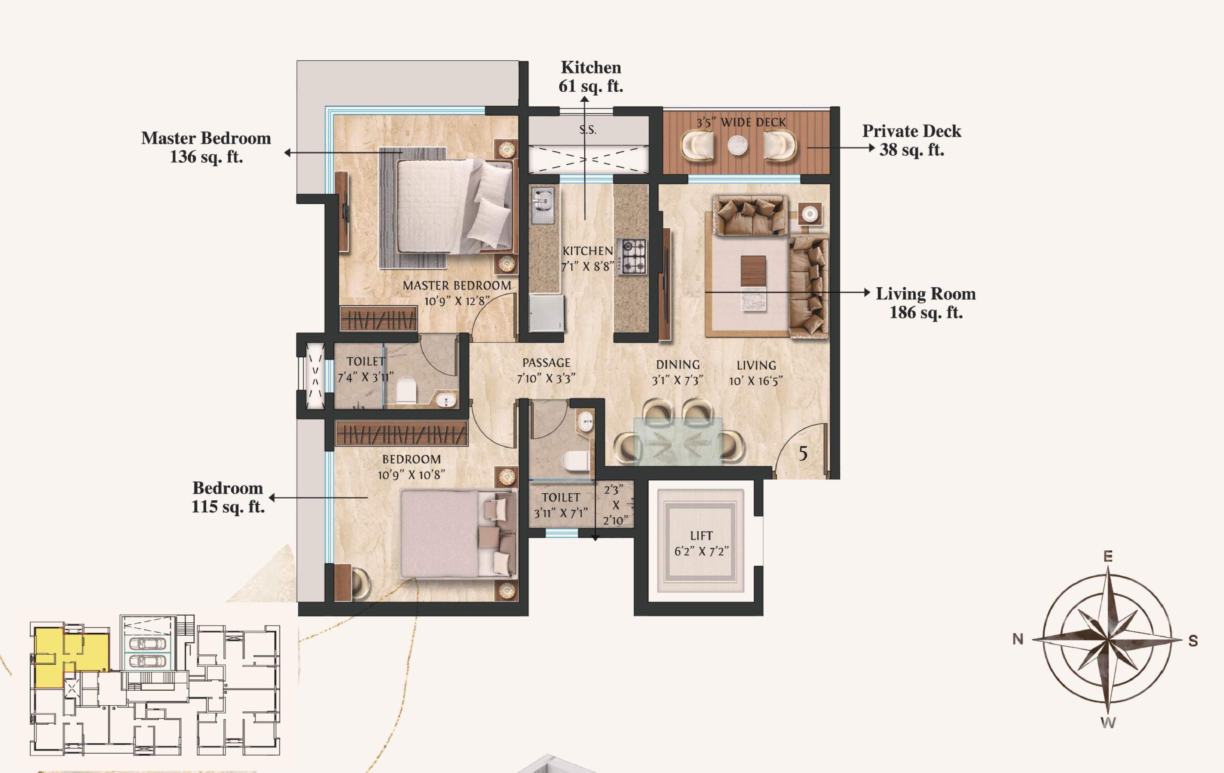 Modirealty Vatvriksh Unit plan - 661 sq.ft.