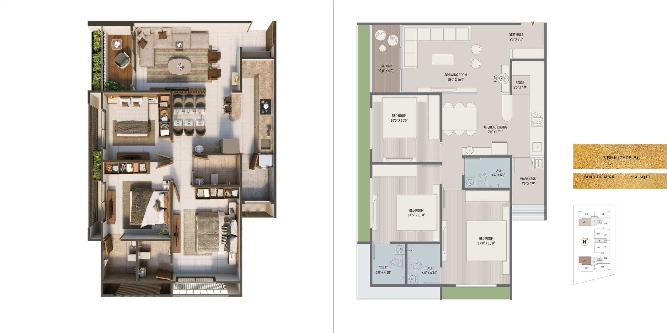 Satvam Viburnum Unit plan - 949 sq.ft.