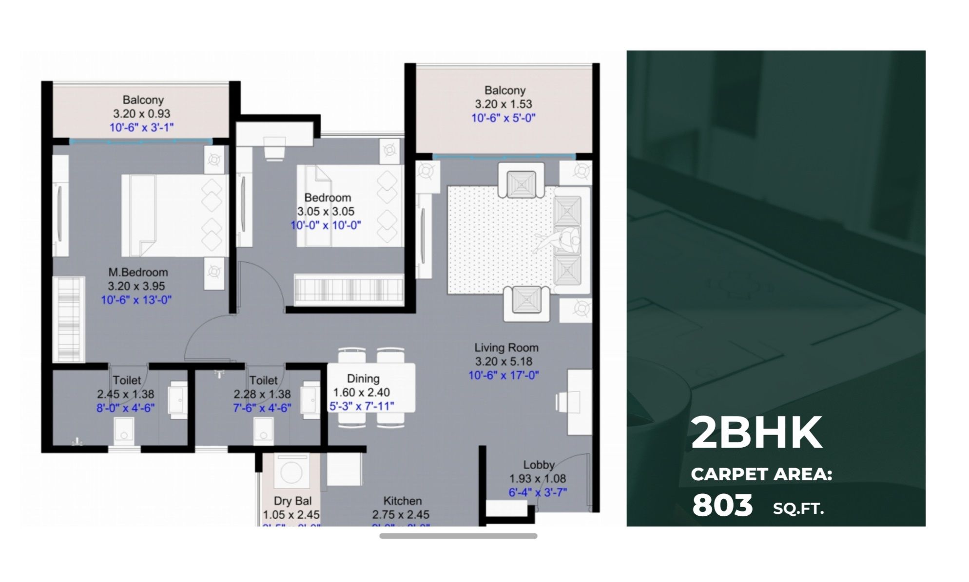Kohinoor Taco Unit plan - 803 sq.ft.