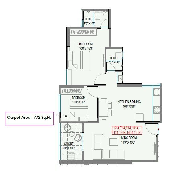 Swastik Prism City Skylife Unit plan - 772 sq.ft.