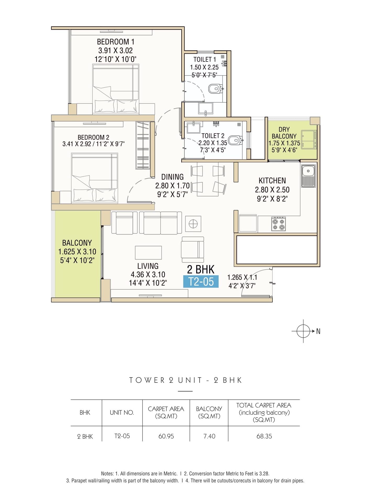 Bramhacorp Hues Of Sky Unit plan - 736 sq.ft.