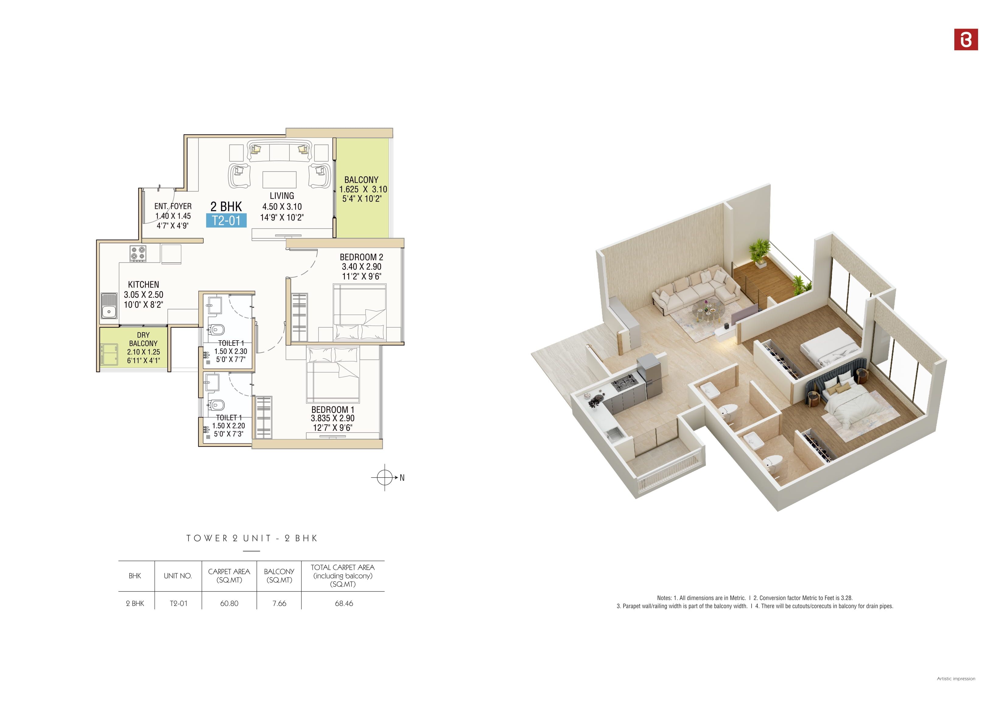 Bramhacorp Hues Of Sky Unit plan - 737 sq.ft.