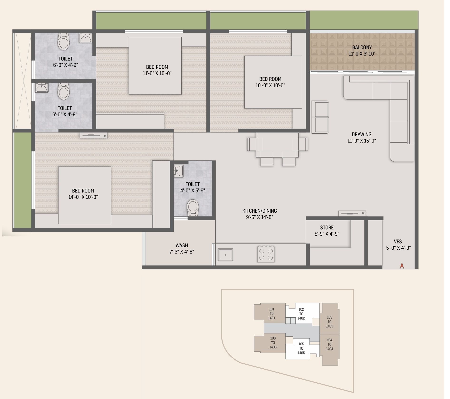 Rudra Heights Unit plan - 982 sq.ft.