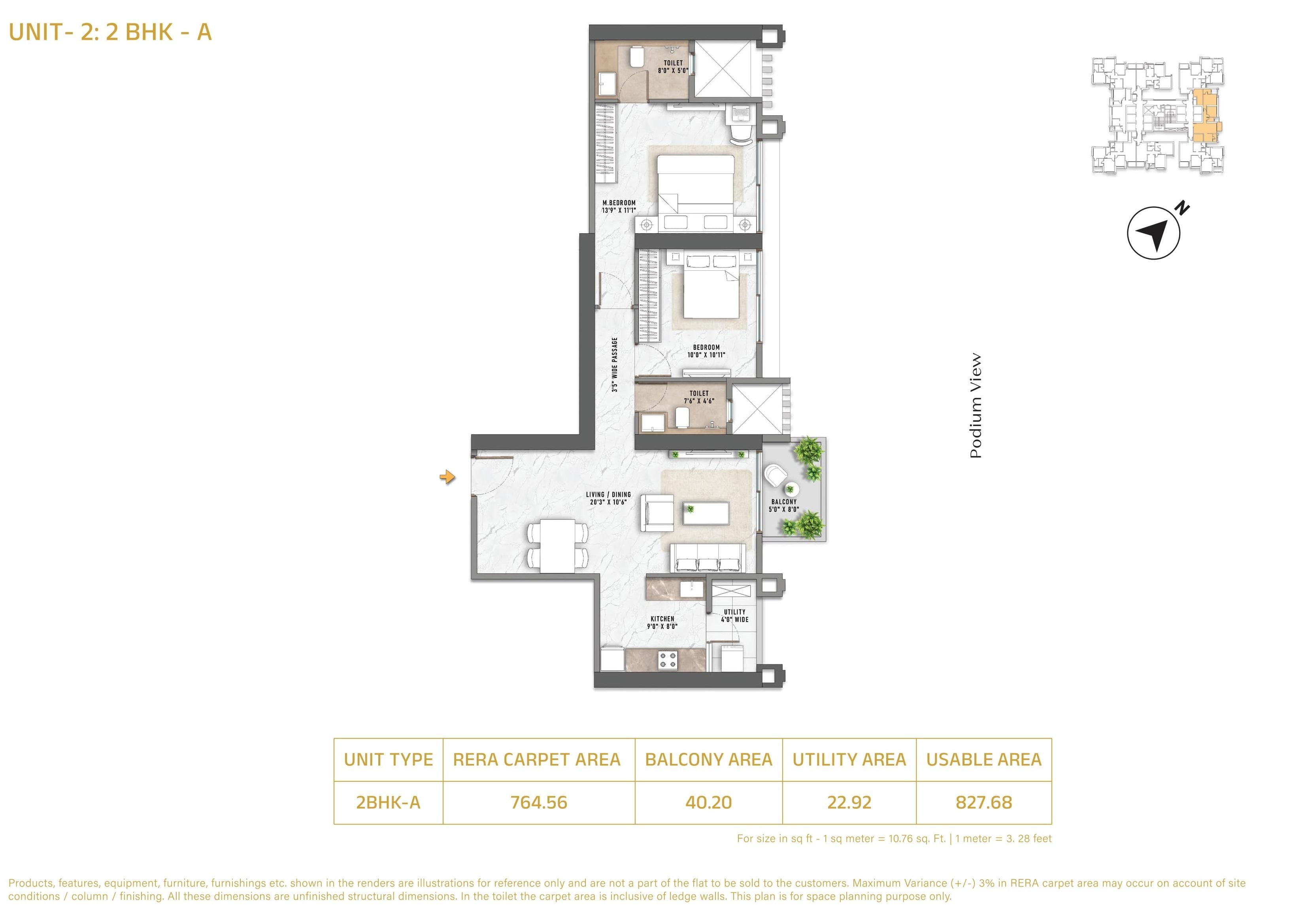 Puravankara Thane Unit plan - 828 sq.ft.