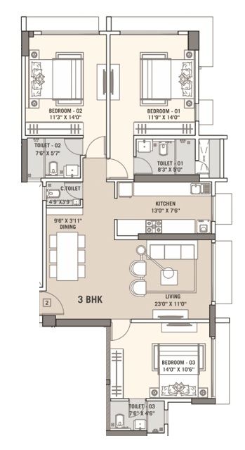 Tricity Natraj Unit plan - 1108 sq.ft.