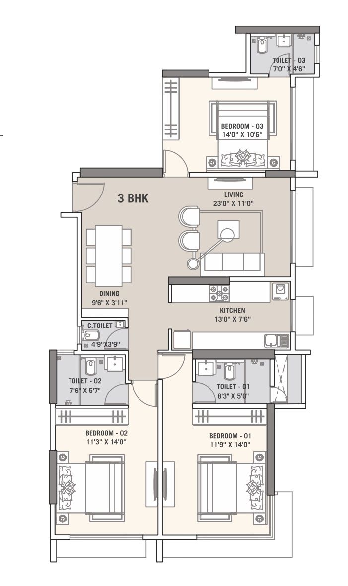 Tricity Natraj Unit plan - 1111 sq.ft.