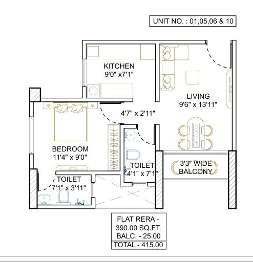 Squarefeet Maha Mauka Unit plan - 415 sq.ft.