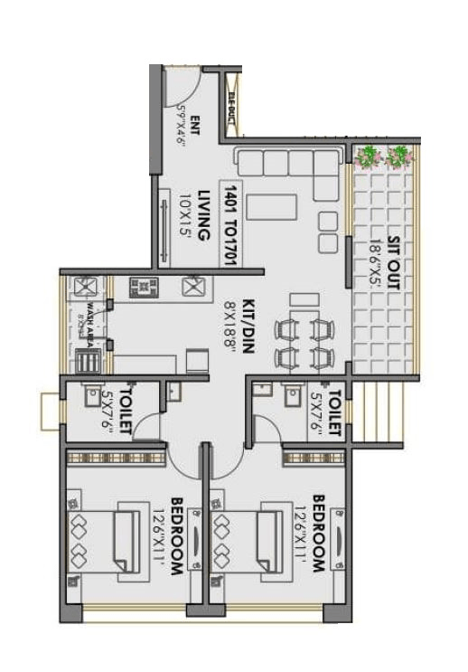 Shubham River Vista Unit plan - 880 sq.ft.