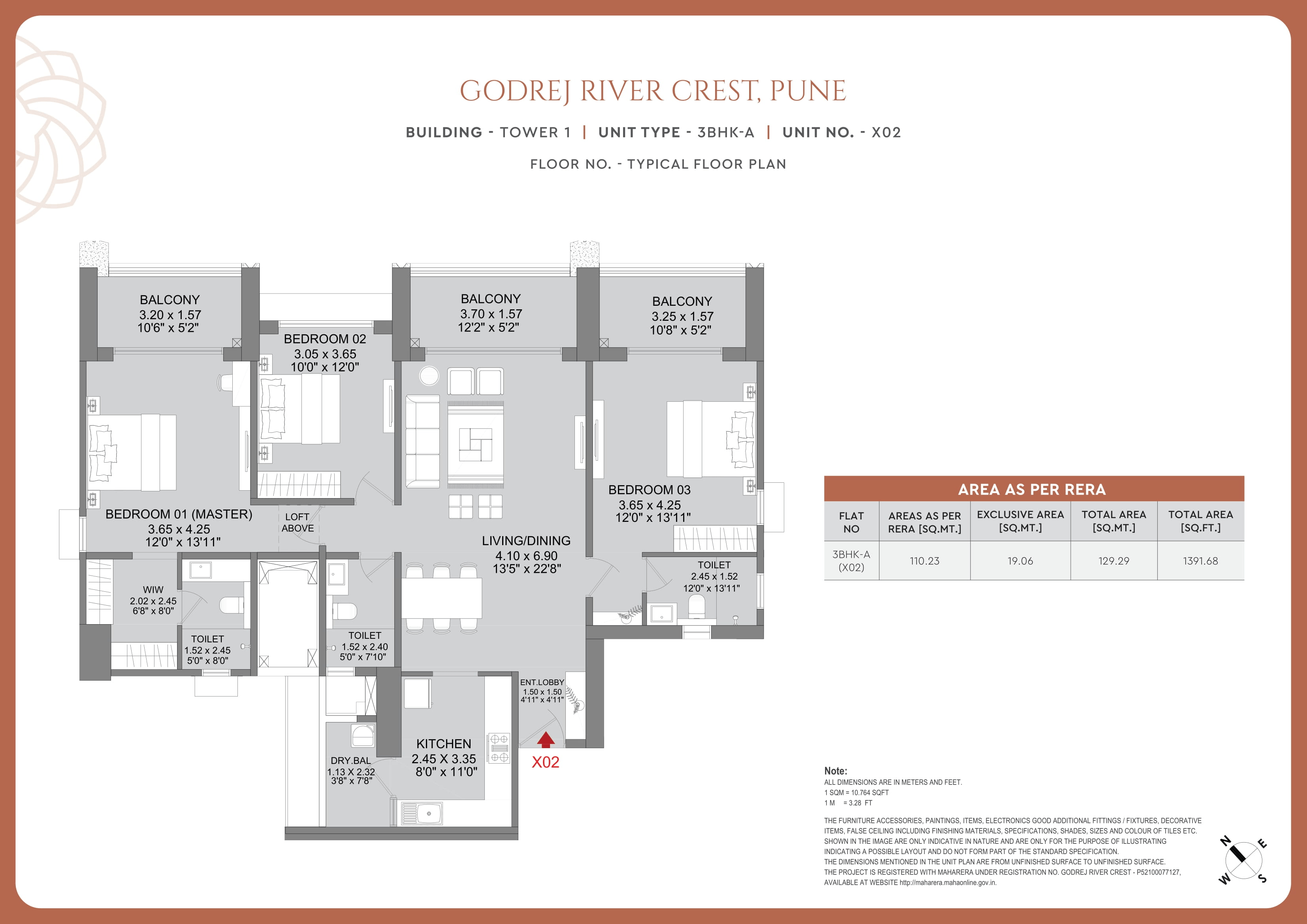 Godrej River Crest Unit plan - 1393 sq.ft.