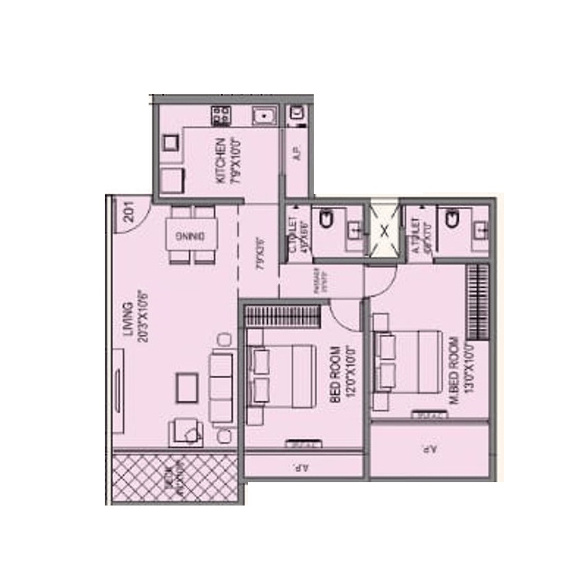 Trinity Bless Residency Unit plan - 803 sq.ft.