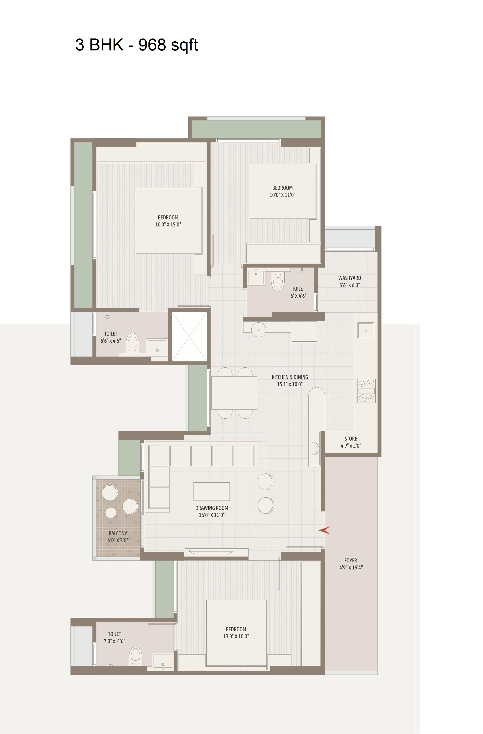 VR Reflection Unit plan - 968 sq.ft.