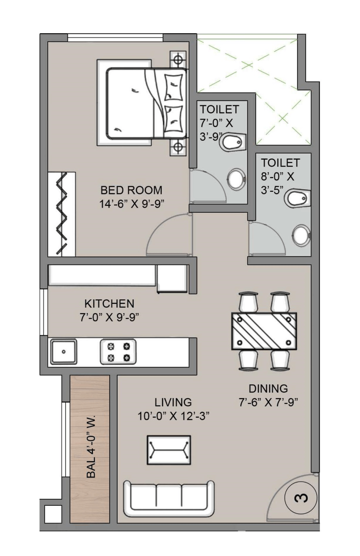 Siyara Dwarka Unit plan - 549 sq.ft.