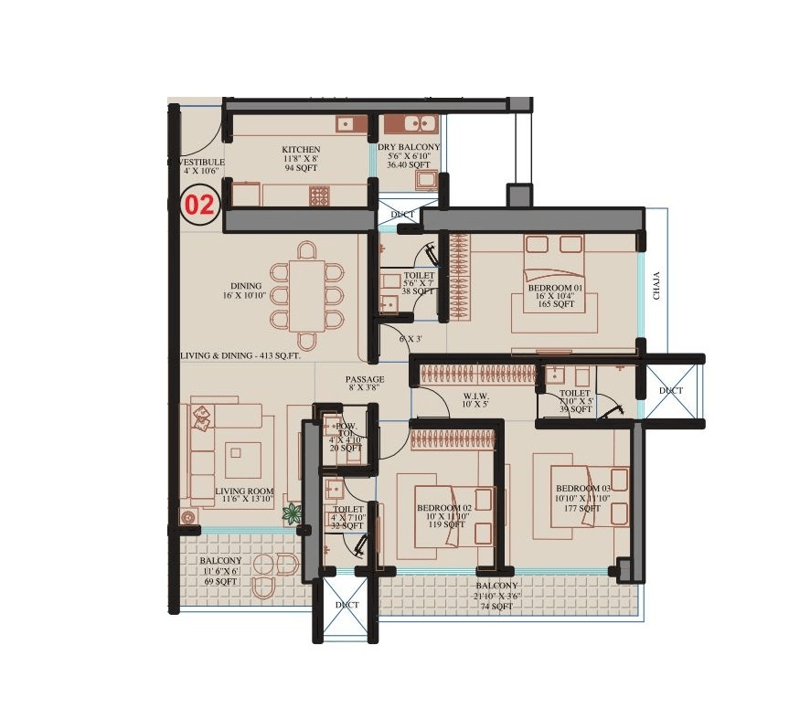 Sejal Starom Ekya Unit plan - 1398 sq.ft.