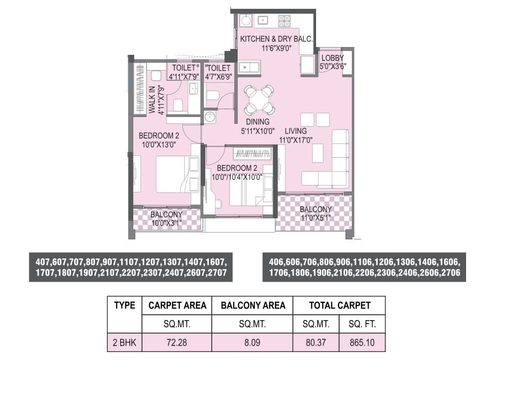 Yashada Earthsong Unit plan - 865 sq.ft.
