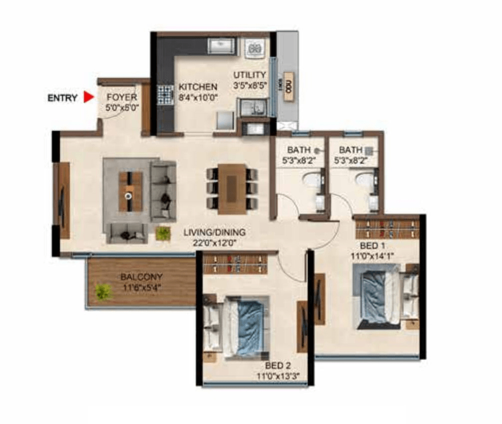 Casagrand Caladium Unit plan - 913 sq.ft.