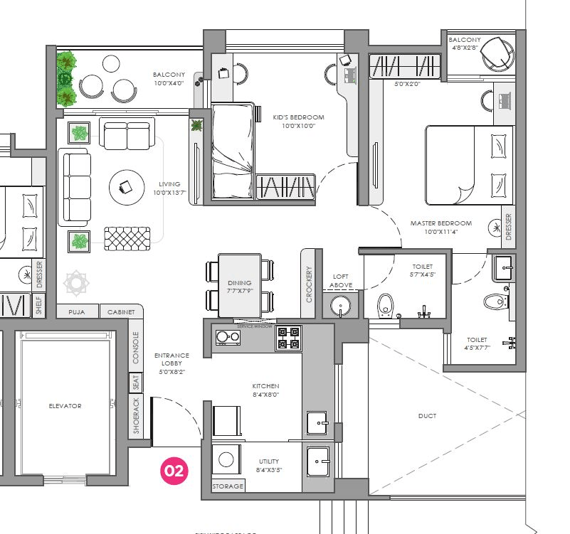 VJ Yashwin Enchante Unit plan - 725 sq.ft.