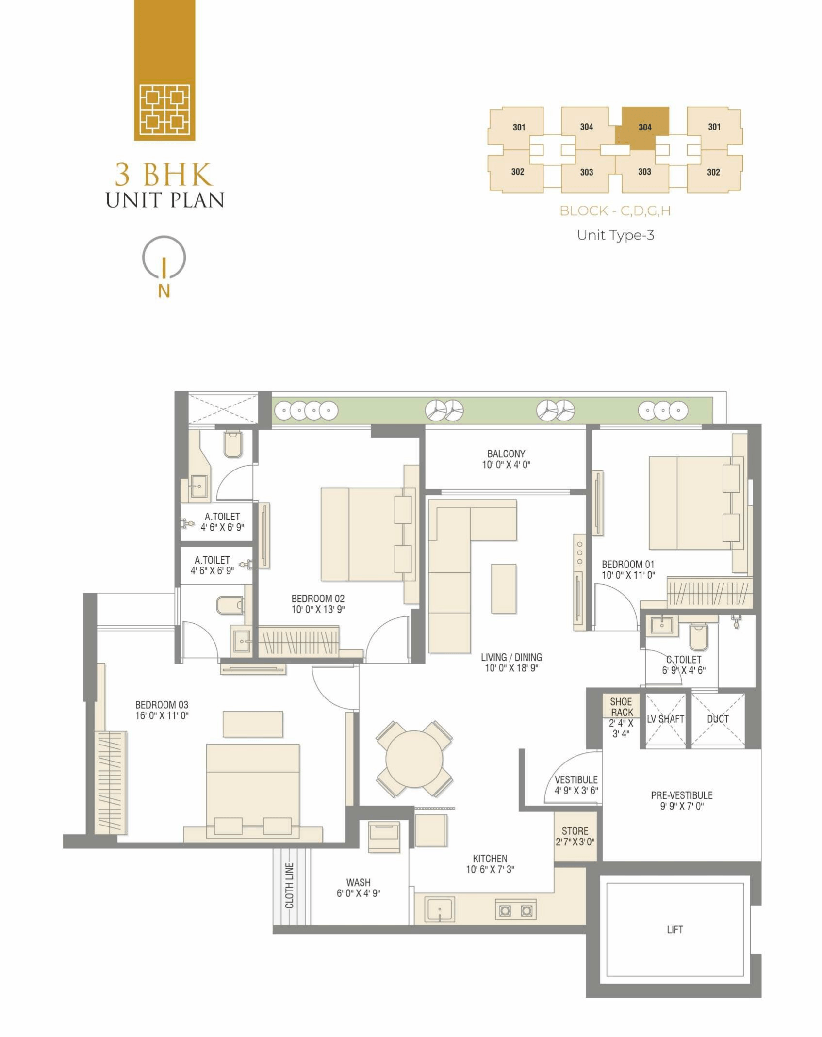 Sharanya Altura Unit plan - 968 sq.ft.