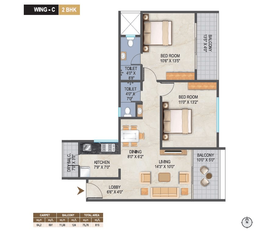 Yash Florencia Unit plan - 815 sq.ft.